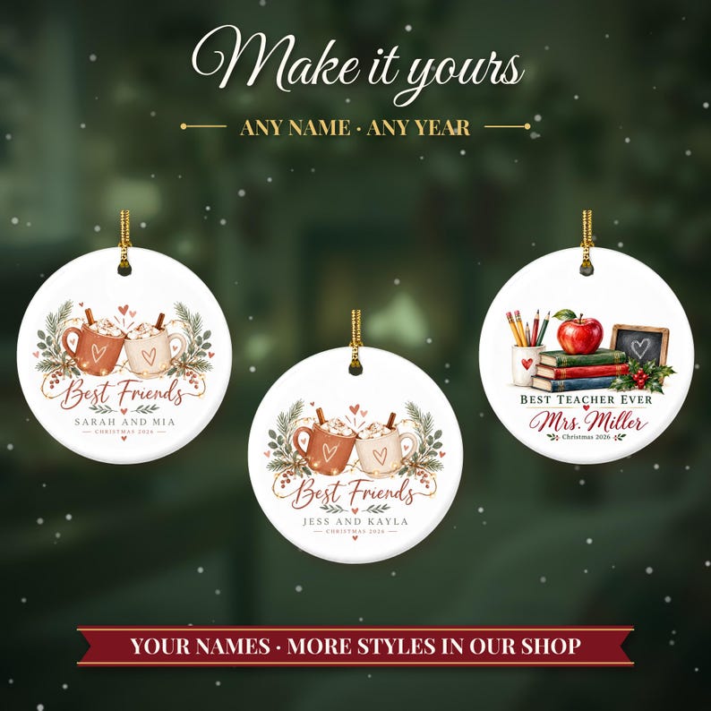 Best Friend Ornament Christmas 2026, Friendship Gift for Her, Besties Two Names Keepsake, Hot Cocoa Mugs Soul Sister Ceramic Tree Decor image 3