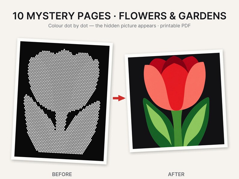 Pu&ograve; includere: 10 MYSTERY PAGES &bull; FLOWERS & GARDENS. Colour dot by dot &mdash; the hidden picture appears &middot; printable PDF. Un confronto prima e dopo che mostra una pagina nera con punti bianchi che formano il contorno di un tulipano e un'illustrazione finita.