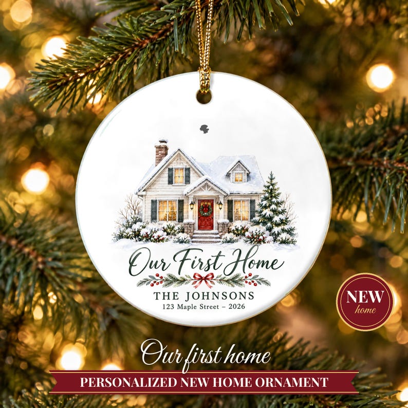 New Home Ornament 2026, Our First Home Christmas Ornament with Family Name, Housewarming Gift, Realtor Closing Gift image 1