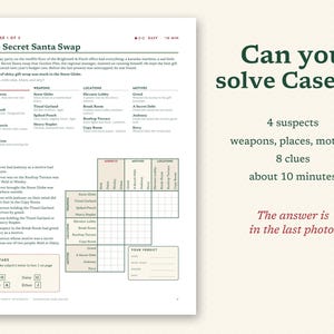May include: A printed mystery game sheet titled The Secret Santa Swap, Case 1 of 5. The page includes a narrative, a list of four suspects, weapons, locations, motives, eight numbered clues, a logic grid, and a section for gift tags and a verdict.