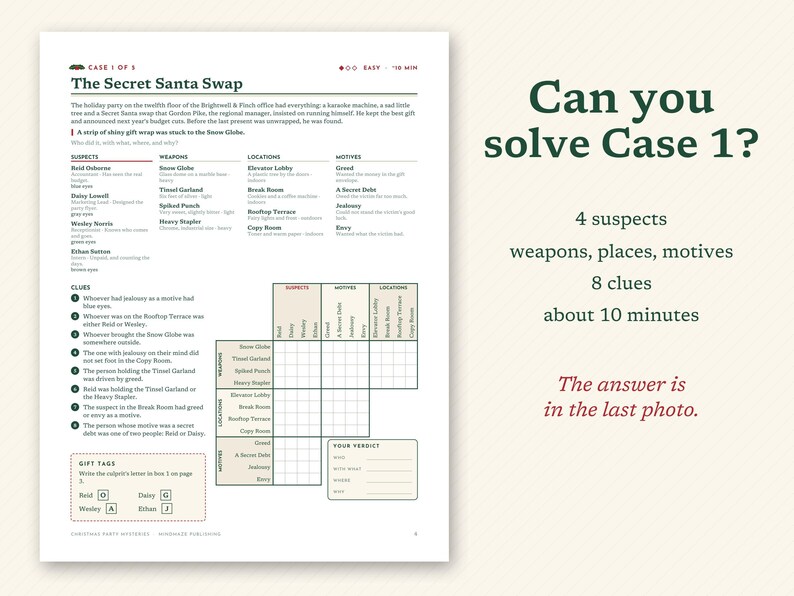 May include: A printed mystery game sheet titled The Secret Santa Swap, Case 1 of 5. The page includes a narrative, a list of four suspects, weapons, locations, motives, eight numbered clues, a logic grid, and a section for gift tags and a verdict.