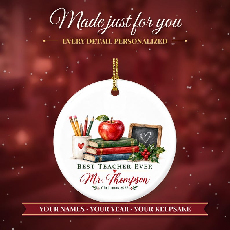 Teacher Ornament 2026, Best Teacher Ever Christmas Keepsake with Name, Apple and Books, Appreciation Gift from Student image 2