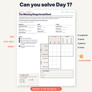 May include: A logic puzzle sheet titled Can you solve Day 1? The Missing Gingerbread Roof. It includes a mystery story, a list of three suspects, three items, three places, four clues, a grid for deduction, and a secret letter section.