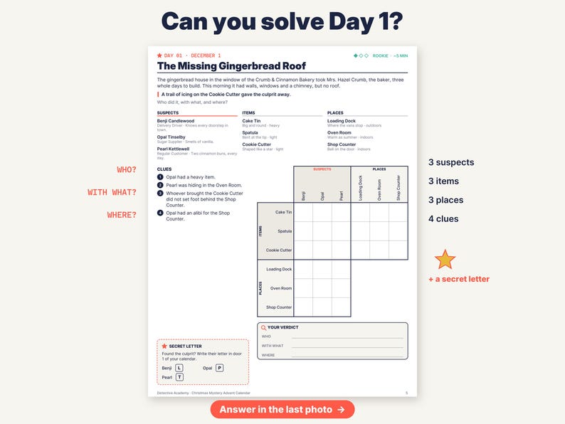 May include: A logic puzzle sheet titled Can you solve Day 1? The Missing Gingerbread Roof. It includes a mystery story, a list of three suspects, three items, three places, four clues, a grid for deduction, and a secret letter section.