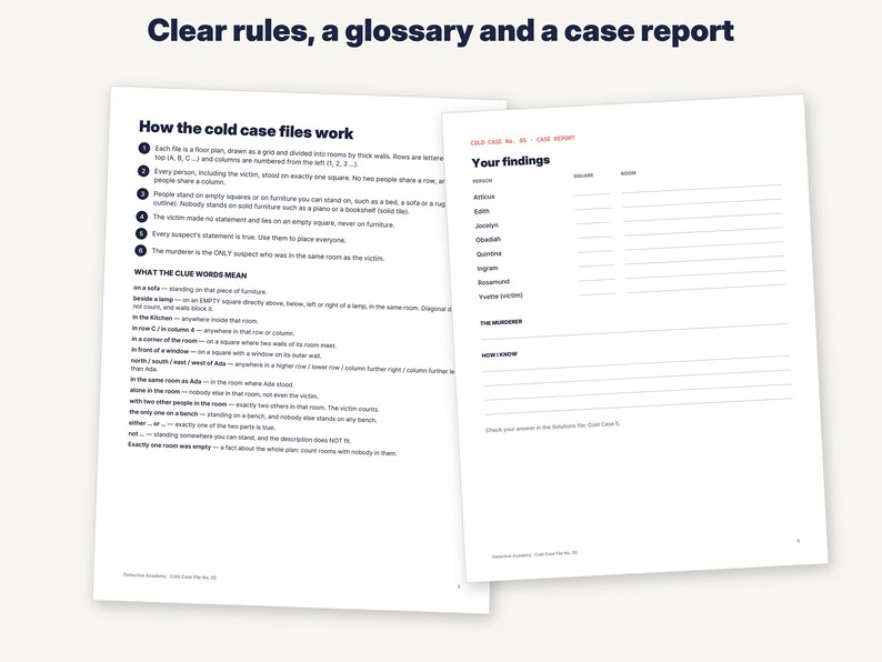 May include: Two white paper sheets featuring black text and a red header. The left sheet is titled Clear rules, a glossary and a case report, detailing instructions for cold case files. The right sheet is a case report form for recording findings.