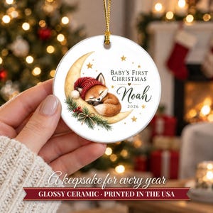 Baby First Christmas Ornament 2026, Woodland Fox on the Moon Keepsake with Name, Newborn Gift for New Parents, Nursery Decor immagine 12