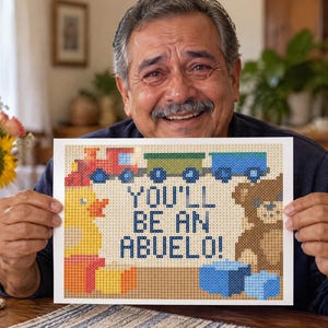 Puede incluir: Una impresi&oacute;n rectangular con un dise&ntilde;o de arte de p&iacute;xeles que muestra un tren rojo, un pato amarillo y un oso de peluche marr&oacute;n. El texto central dice YOU'LL BE AN ABUELO! en letras may&uacute;sculas azul oscuro sobre un fondo de rejilla beige.