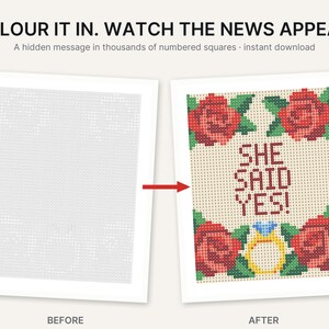 May include: A printable activity sheet featuring a grid of numbered squares. The top text reads COLOUR IT IN. WATCH THE NEWS APPEAR. A hidden message in thousands of numbered squares. The completed version shows red roses, green leaves, and the text SHE SAID YES! with a diamond ring.