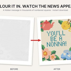 May include: A color-by-number activity sheet featuring a grid of numbered squares. The left side shows a blank grid, while the right side shows the completed image with a red teapot, yellow lemon, pink and blue flowers, and the text YOU'LL BE A NONNA!