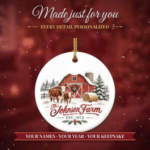 Farm Ornament Christmas 2026, Red Barn Family Name Est Keepsake, Farmhouse Cows Hay Bale Country Decor, Farmer Gift Ceramic Ornament image 2