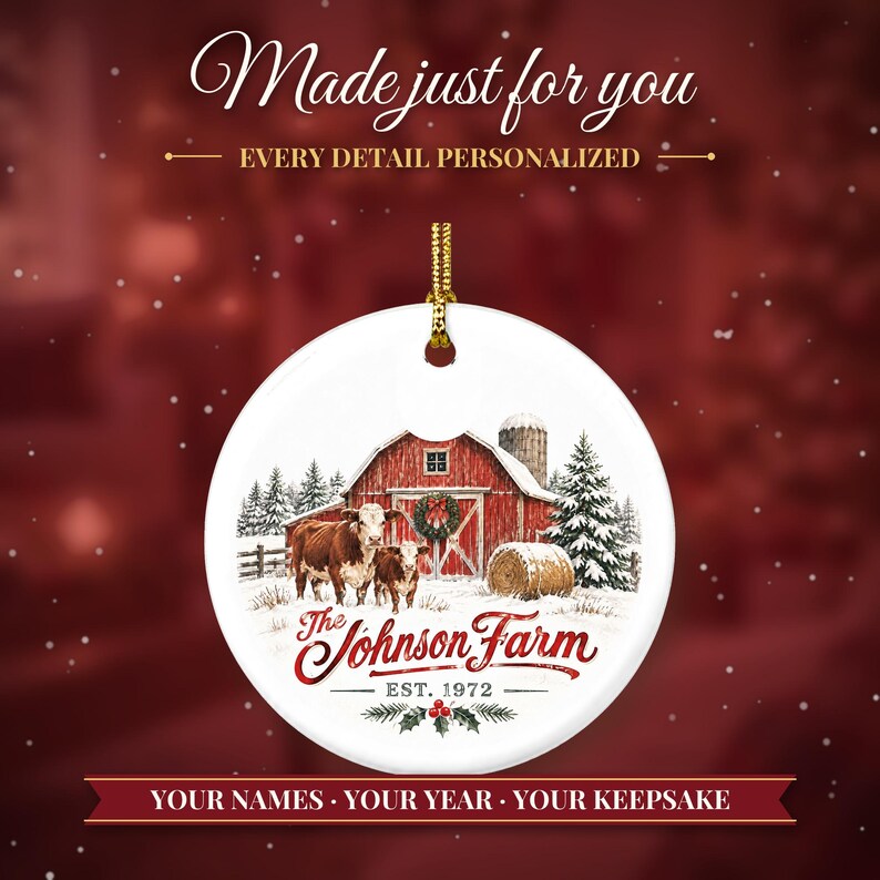 Farm Ornament Christmas 2026, Red Barn Family Name Est Keepsake, Farmhouse Cows Hay Bale Country Decor, Farmer Gift Ceramic Ornament image 2