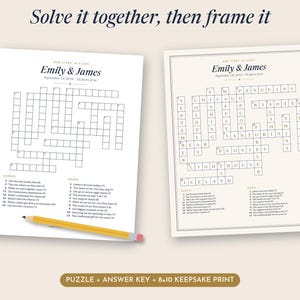 May include: Two white paper sheets featuring a crossword puzzle titled "Our Story in Class" with the names "Emily & James" and a date. One sheet is blank, the other is filled in. A yellow pencil with a pink eraser lies across the blank sheet.