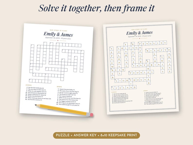 May include: Two white paper sheets featuring a crossword puzzle titled "Our Story in Class" with the names "Emily & James" and a date. One sheet is blank, the other is filled in. A yellow pencil with a pink eraser lies across the blank sheet.