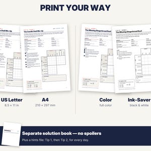 May include: A set of printable puzzle game sheets titled The Candle Stall Mix-Up and The Missing Gingerbread Roof, available in US Letter 8.5 x 11 inch format, A4 210 x 297 mm format, full colour, and black and white ink-saver versions with a solution book.