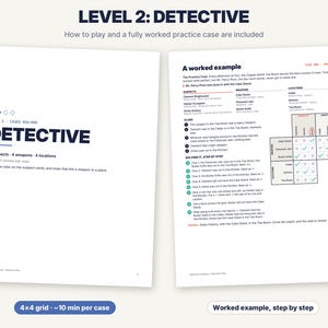 May include: Two pages from a game manual titled Level 2: Detective. The left page lists 4 suspects, 4 weapons, and 4 locations. The right page provides a worked example of a practice case, including a logic grid with checkmarks and x-marks.