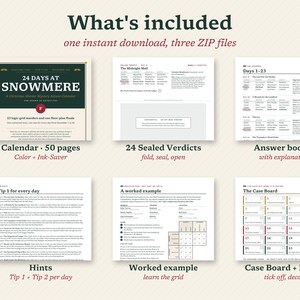 May include: A digital download set titled 24 Days at Snowmere, a Christmas murder mystery advent calendar. Includes a 50-page calendar, 24 sealed verdicts, an answer booklet with explanations, hint sheets, a worked example, and a case board with a ledger.