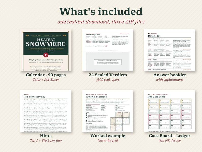 May include: A digital download set titled 24 Days at Snowmere, a Christmas murder mystery advent calendar. Includes a 50-page calendar, 24 sealed verdicts, an answer booklet with explanations, hint sheets, a worked example, and a case board with a ledger.