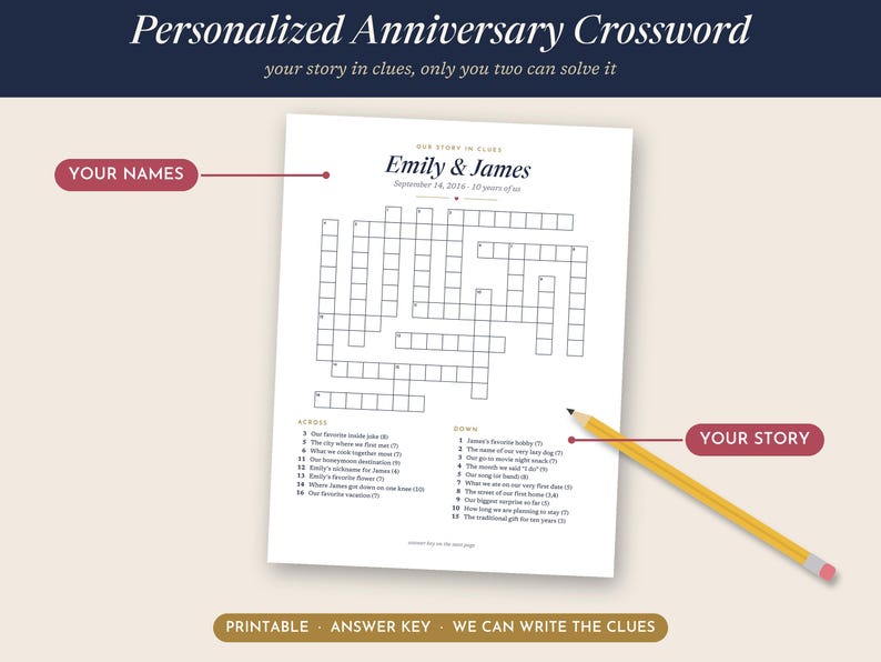 May include: A white paper sheet featuring a personalized anniversary crossword puzzle with the names Emily & James, a date, and a list of clues labeled Across and Down. A yellow pencil with a pink eraser rests diagonally across the bottom right corner.