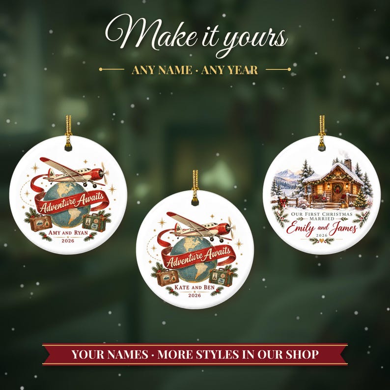 Travel Ornament Christmas 2026, Adventure Awaits Gift for Couple or Family, Airplane Globe Custom Name Keepsake, Wanderlust Ceramic Decor image 3