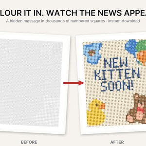 May include: A colour-by-number activity sheet featuring the text COLOUR IT IN. WATCH THE NEWS APPEAR. A hidden message in thousands of numbered squares. The finished design displays the text NEW KITTEN SOON! with a blue onesie, balloons, a yellow rubber duck, and a brown teddy bear.