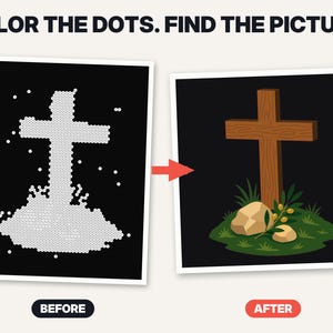 K&ouml;nnte beinhalten: Ein Aktivit&auml;tsblatt mit dem Titel COLOR THE DOTS. FIND THE PICTURE. Das linke Feld zeigt den Umriss eines Kreuzes aus wei&szlig;en Punkten auf schwarzem Grund. Das rechte Feld zeigt die fertig ausgemalte Illustration eines braunen Holzkreuzes.