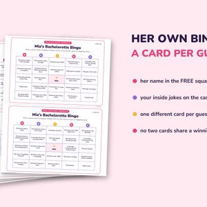 May include: A set of printed bachelorette bingo cards with a white background and pink accents. The cards feature a grid with the text Mia's Bachelorette Bingo and Mia in the center square. Text on the right lists features including her name in the free square, inside jokes, one different card per guest, and no two cards share a winning line.