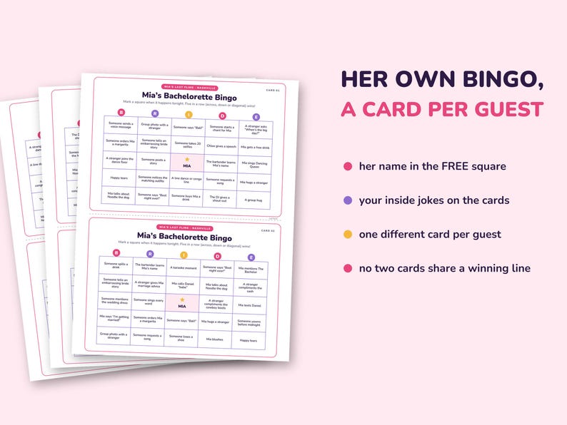 May include: A set of printed bachelorette bingo cards with a white background and pink accents. The cards feature a grid with the text Mia's Bachelorette Bingo and Mia in the center square. Text on the right lists features including her name in the free square, inside jokes, one different card per guest, and no two cards share a winning line.