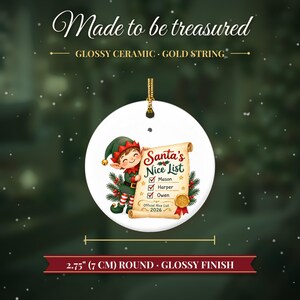 Nice List Ornament Christmas 2026, Santa's Nice List Siblings Names Keepsake, Elf Scroll Custom Kids Gift, Grandkids Ceramic Tree Decor image 5
