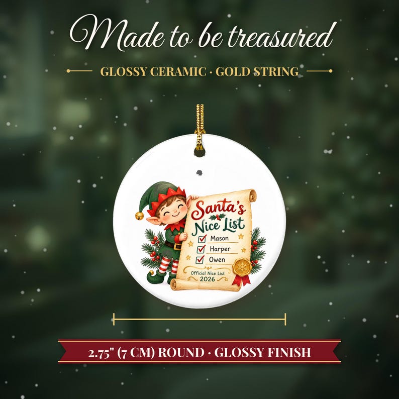 Nice List Ornament Christmas 2026, Santa's Nice List Siblings Names Keepsake, Elf Scroll Custom Kids Gift, Grandkids Ceramic Tree Decor image 5