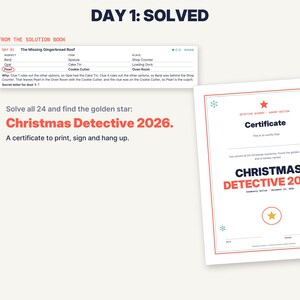 May include: A printable certificate titled Christmas Detective 2026 with a red border, a central red star, and a yellow star icon. Above it, a solution book excerpt displays a table for Day 1: The Missing Gingerbread Roof, identifying Pearl as the culprit.