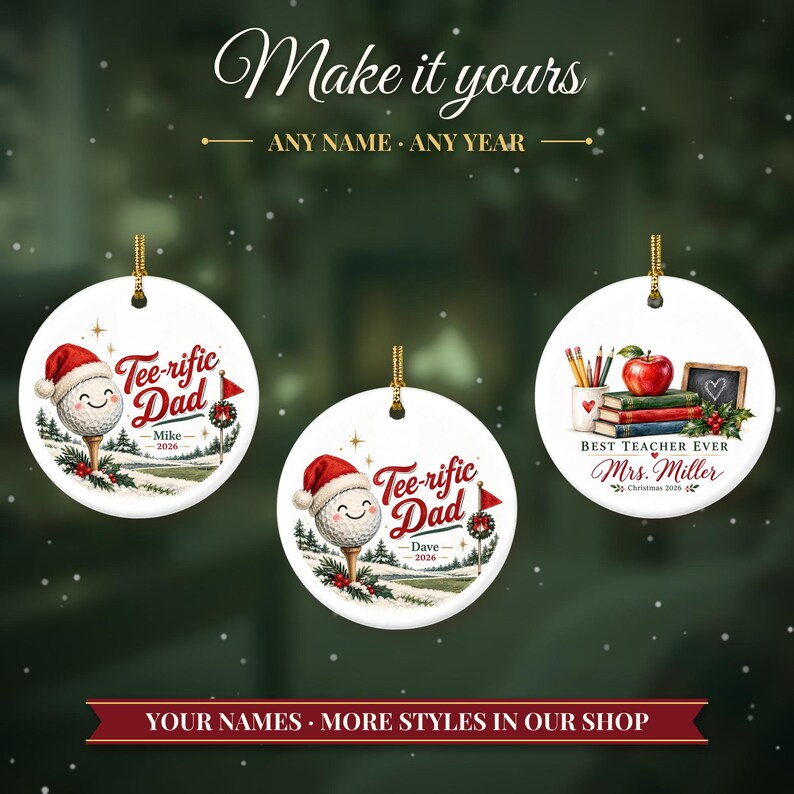Adorno navideño de golf 2026, regalo para papá amante del golf, recuerdo personalizado con nombre de golfista excepcional, decoración de árbol de cerámica con gorro de Papá Noel y pelota sobre un tee. imagen 3