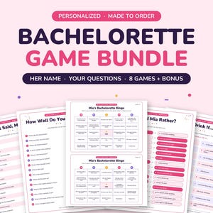Puede incluir: Un paquete de juegos para despedida de soltera con ocho hojas de juego imprimibles con texto en rosa y morado oscuro. Las hojas incluyen títulos como Mia's Bachelorette Bingo, Daniel Said, How Well Do You Know y Drink If con varias preguntas.