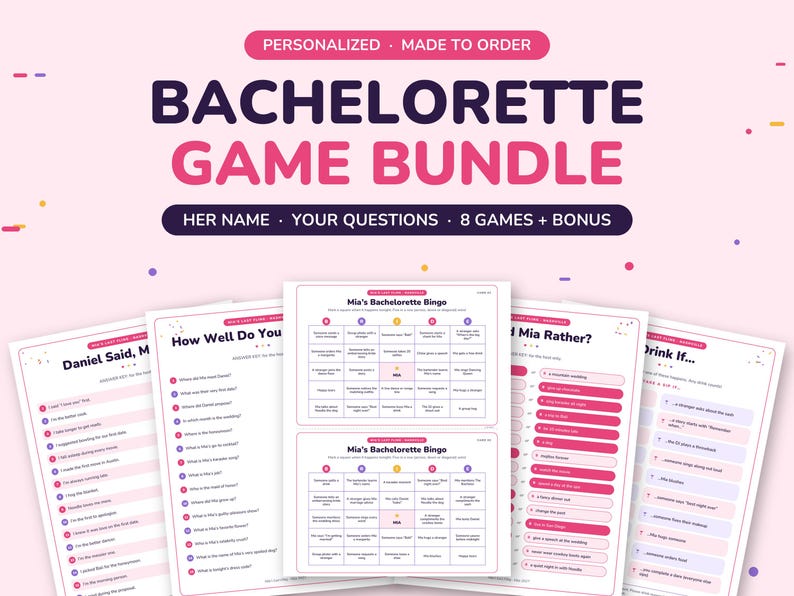 May include: A bachelorette game bundle featuring eight printable game sheets with pink and dark purple text. The sheets include titles like Mia's Bachelorette Bingo, Daniel Said, How Well Do You Know, and Drink If, with various questions and prompts.