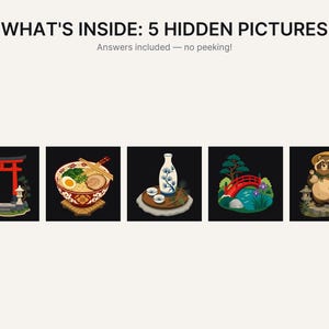 Pu&ograve; includere: Un grafico con il testo WHAT'S INSIDE: 5 HIDDEN PICTURES e Answers included &mdash; no peeking! Sotto ci sono cinque illustrazioni quadrate che raffigurano un portale torii rosso, una ciotola di ramen, un set da sake, un ponte rosso e un personaggio tanuki.