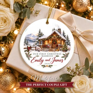 First Christmas Married Ornament 2026, Winter Cabin Mr and Mrs Keepsake, Newlywed Gift for Couple, Custom Wedding Ornament image 10