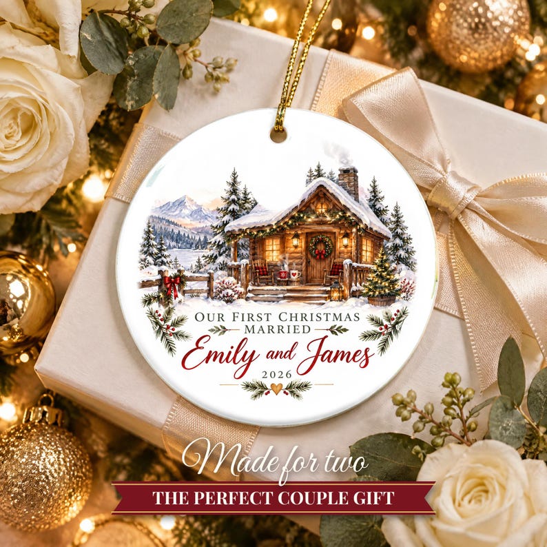 First Christmas Married Ornament 2026, Winter Cabin Mr and Mrs Keepsake, Newlywed Gift for Couple, Custom Wedding Ornament image 10
