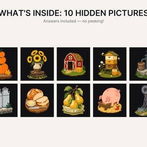 May include: A digital activity sheet titled WHAT'S INSIDE: 10 HIDDEN PICTURES featuring ten square illustrations of farm-themed items including pumpkins, sunflowers, a red barn, a beehive, a water pump, milk cans, bread, pears, a pig, and a windmill.