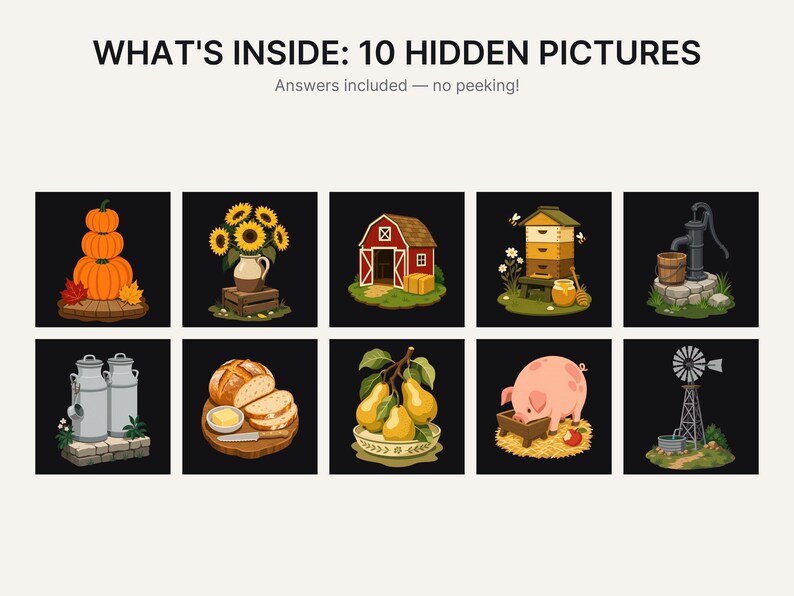 May include: A digital activity sheet titled WHAT'S INSIDE: 10 HIDDEN PICTURES featuring ten square illustrations of farm-themed items including pumpkins, sunflowers, a red barn, a beehive, a water pump, milk cans, bread, pears, a pig, and a windmill.