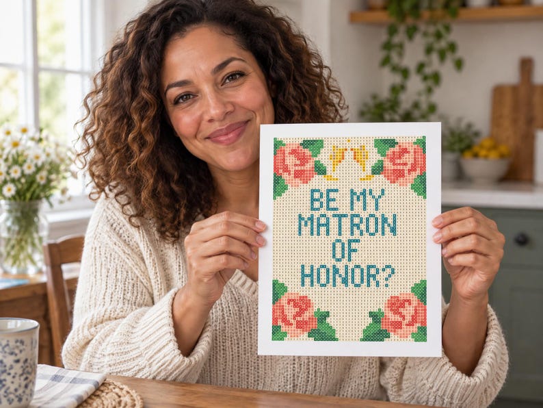 May include: A rectangular white card featuring a cross-stitch pattern with the text BE MY MATRON OF HONOR? in blue letters. The design includes pink roses with green leaves in the four corners on a light beige grid background.