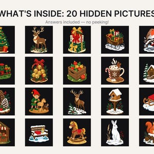 Op de afbeelding: Een raster van 20 vierkante illustraties met kerstthema-iconen zoals een boom, rendier, cadeaus en dieren. De tekst bovenaan luidt WHAT'S INSIDE: 20 HIDDEN PICTURES, gevolgd door de zin Answers included &mdash; no peeking!