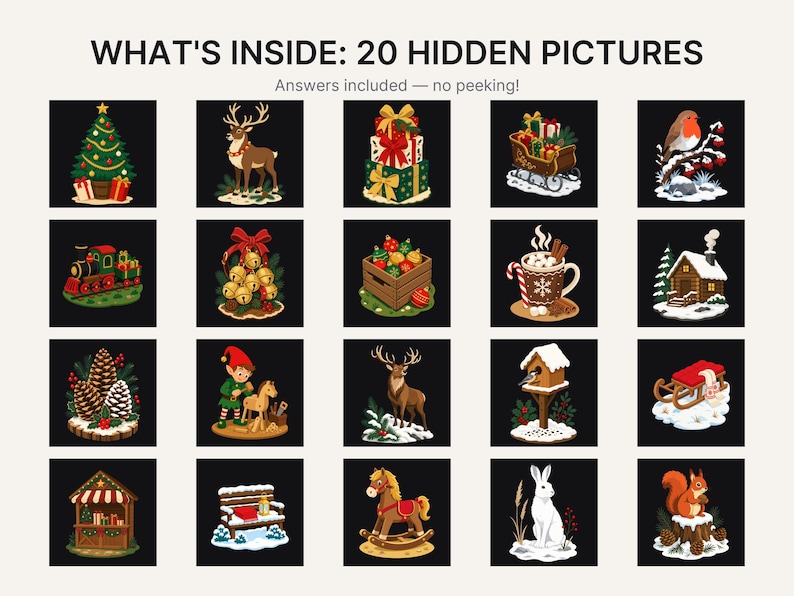 Op de afbeelding: Een raster van 20 vierkante illustraties met kerstthema-iconen zoals een boom, rendier, cadeaus en dieren. De tekst bovenaan luidt WHAT'S INSIDE: 20 HIDDEN PICTURES, gevolgd door de zin Answers included &mdash; no peeking!