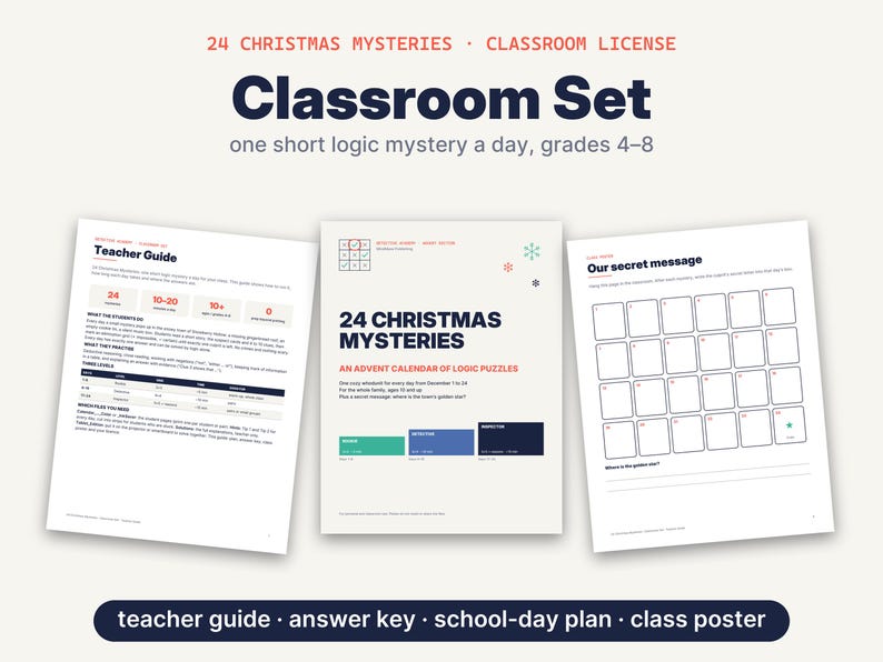 May include: A classroom set of 24 Christmas mysteries logic puzzles for grades 4-8. The set includes a teacher guide, a cover page titled 24 Christmas Mysteries, and a secret message worksheet with a grid of 24 boxes. Text includes teacher guide, answer key, school-day plan, and class poster.