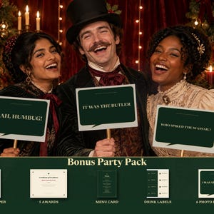 May include: A party pack featuring three dark green speech bubble signs with the text Bah, Humbug!, It Was The Butler, and Who Spiked The Wassail?, plus a newspaper, five awards, a menu card, drink labels, and six additional photo booth signs.