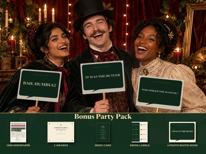 May include: A party pack featuring three dark green speech bubble signs with the text Bah, Humbug!, It Was The Butler, and Who Spiked The Wassail?, plus a newspaper, five awards, a menu card, drink labels, and six additional photo booth signs.