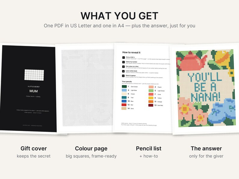 May include: A digital coloring activity set featuring a black gift cover with the text A LITTLE SECRET MUM, a grid-based coloring page, an instruction sheet with a numbered pencil color list, and a completed colorful design reading YOU'LL BE A NANA!