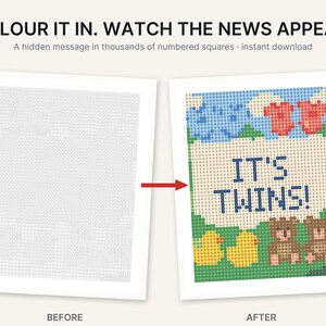 May include: A color-by-number activity sheet featuring the text COLOUR IT IN. WATCH THE NEWS APPEAR. The left side shows a grid of numbered squares, while the right side displays the completed image with the text IT'S TWINS! and cartoon bears.