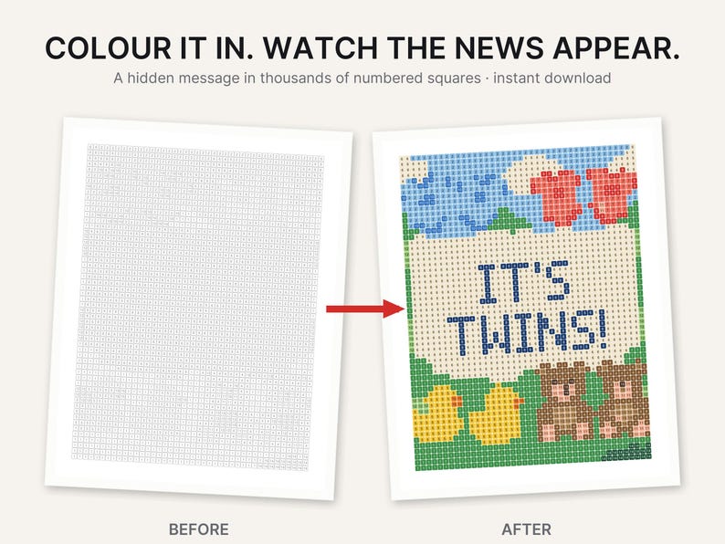 May include: A color-by-number activity sheet featuring the text COLOUR IT IN. WATCH THE NEWS APPEAR. The left side shows a grid of numbered squares, while the right side displays the completed image with the text IT'S TWINS! and cartoon bears.