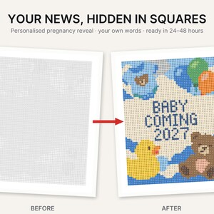 May include: A personalized pregnancy reveal print featuring a grid pattern before and after revealing the text BABY COMING 2027. The design includes a blue baby onesie, green and orange balloons, a yellow rubber duck, and a brown teddy bear.