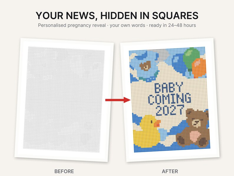 May include: A personalized pregnancy reveal print featuring a grid pattern before and after revealing the text BABY COMING 2027. The design includes a blue baby onesie, green and orange balloons, a yellow rubber duck, and a brown teddy bear.