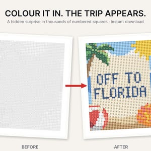 May include: A numbered grid coloring page featuring the text COLOUR IT IN. THE TRIP APPEARS. The before image shows a blank grid with numbers, while the after image reveals a colorful beach scene with a palm tree, sun, and the text OFF TO FLORIDA.